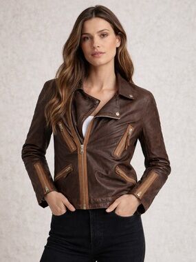 AllSaints Brown Leather Moto Jacket with Lighter Trim XS